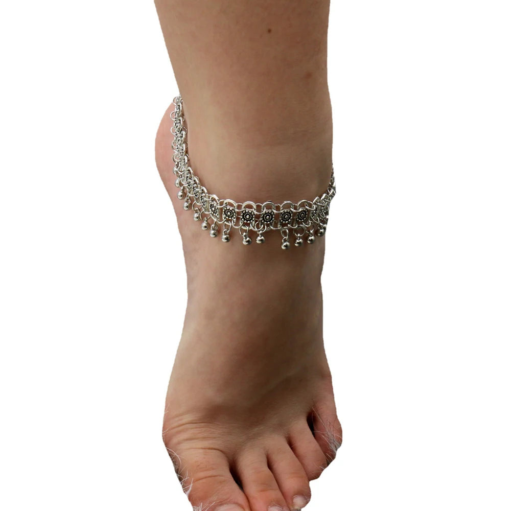 Boho Bells Tassel Anklet – Vintage Carved Flower Foot Chain for Summer &amp; Beachwear - Oria Jewel