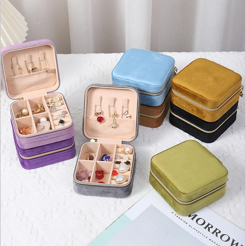 Velvet Jewelry Box For Women Necklace Ring Earrings Organizer Holder Travel Portable Zipper Square Jewelry Storage Case - Oria Jewel