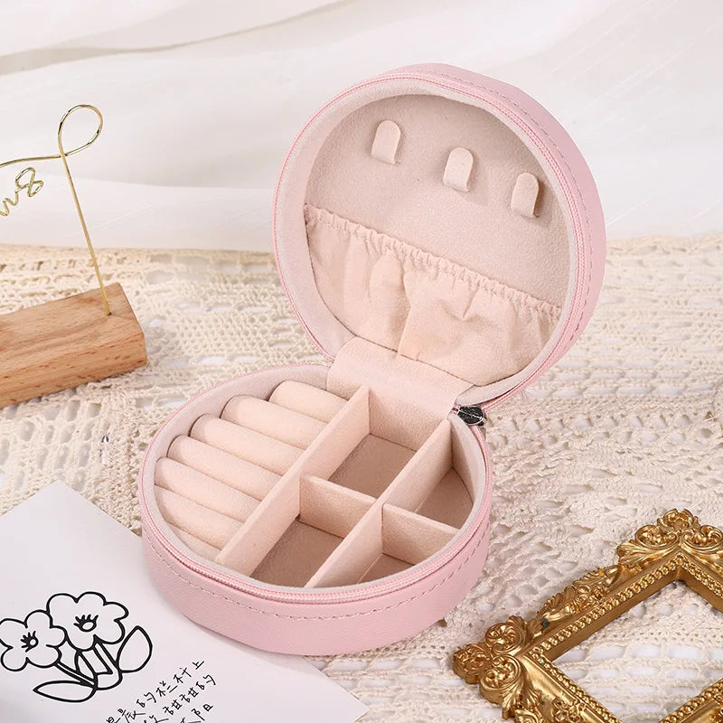 Portable Round Jewelry Box Necklaces Earrings Rings Jewelry Organizer Display Travel Jewelry Case Boxes Pu Leather Storage Box - Oria Jewel