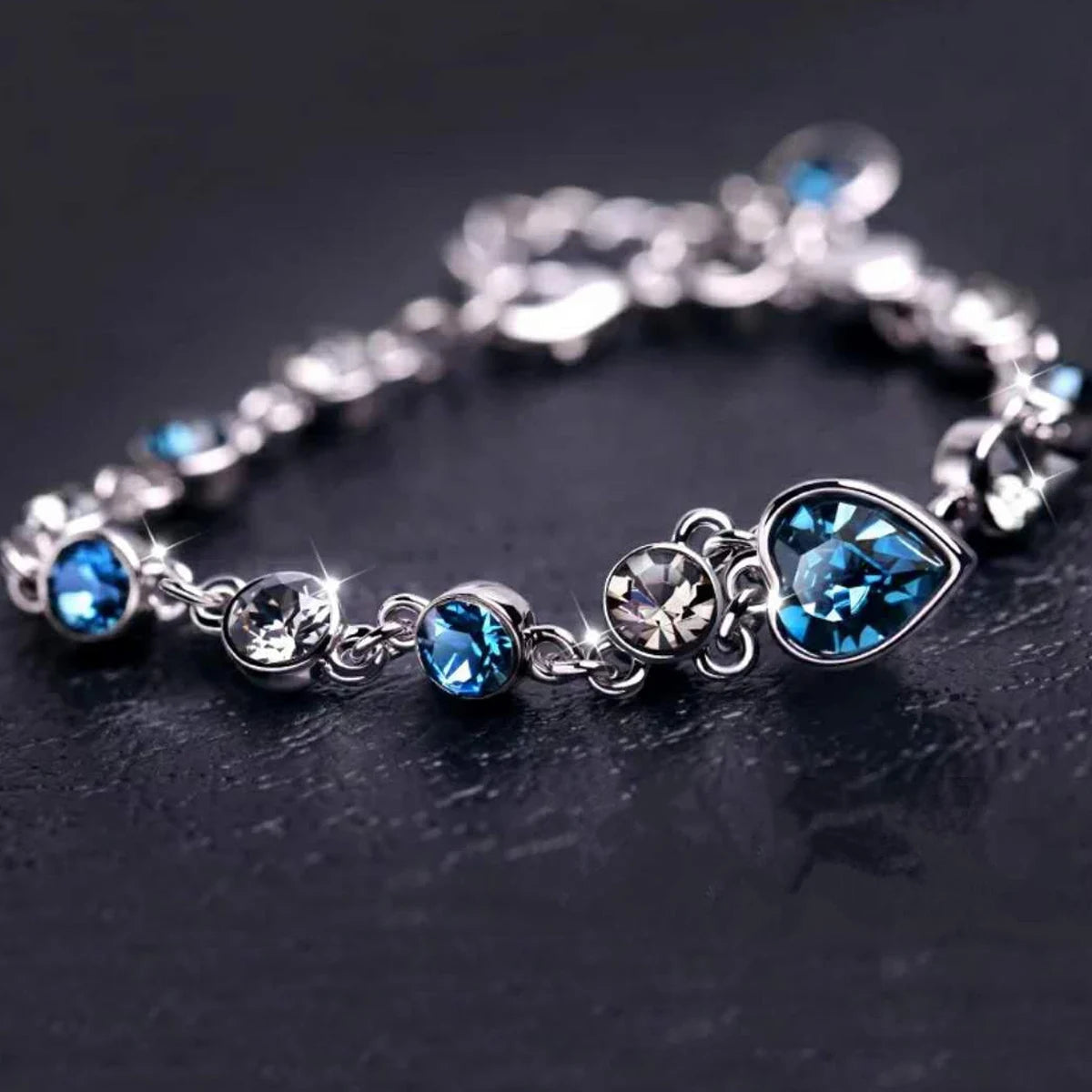 Women Silver Color Lucky Bracelet Female Blue Crystal Heart Charm Pulseras Bracelet Bridal Wedding Engagement Fine Jewelry Gift - Oria Jewel