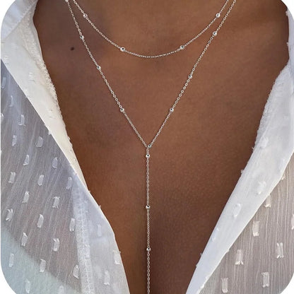 Gold Plated Lariat Necklace for Women, Double Laryered Long Chain Drop Pendant Choker Necklaces Fashion Gifts - Oria Jewel