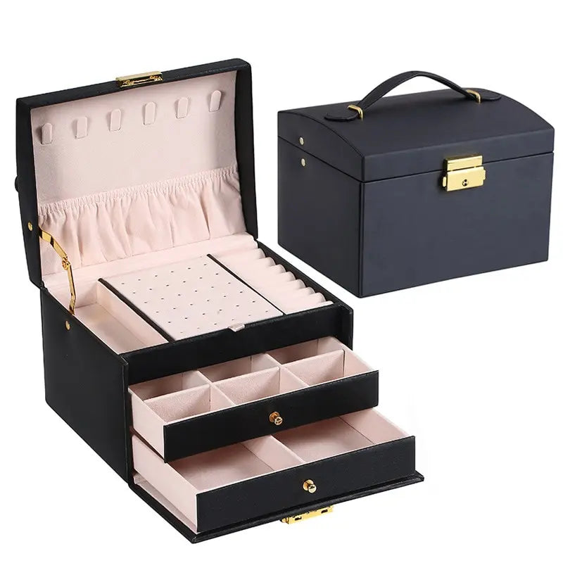 1pcs Multi Functional Three Layer Leather Drawer Style Jewelry Box Earrings Earrings Lock Jewelry Box - Oria Jewel