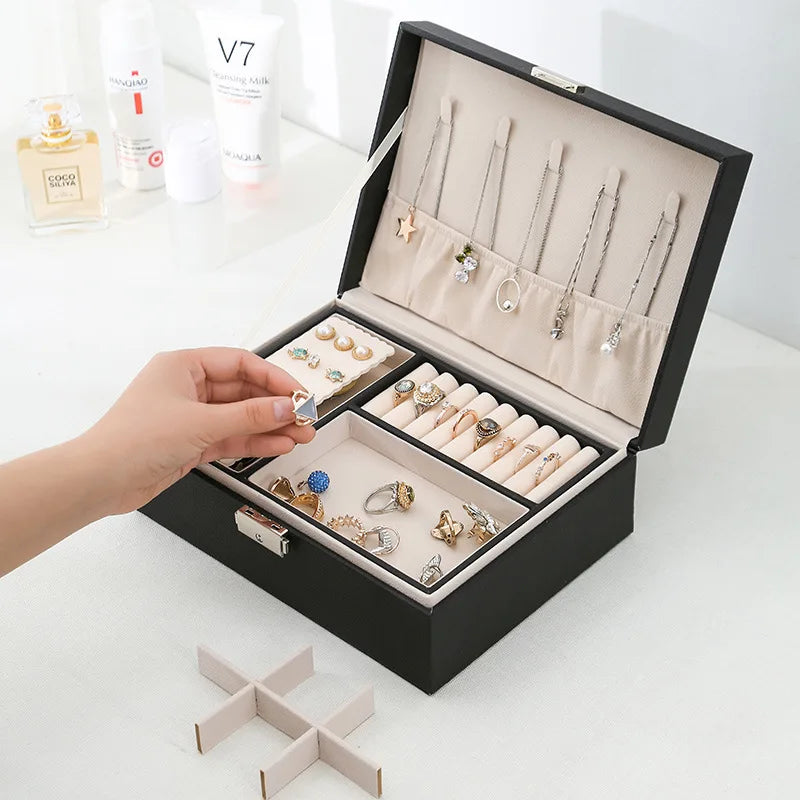 Double-layer Wooden Jewlery Box Ring Box Jewelry Boxes and Packaging with PU Leather Jewelry Storage Organizer and Makeup Case - Oria Jewel