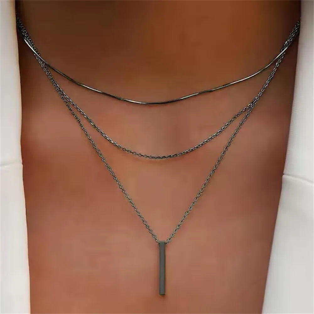 Vintage Layered Metal Bar Pendant Necklace for Women Daily Wear Gold Color Reactangle Clavicle Chain Collarbone Necklace Jewelry - Oria Jewel