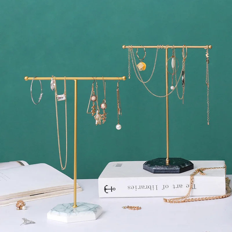 Earring Necklace Ring Bracelet Jewelry Holder Marble Pattern T-shaped Jewelry Display Organizer Holders Metal Storage Racks - Oria Jewel