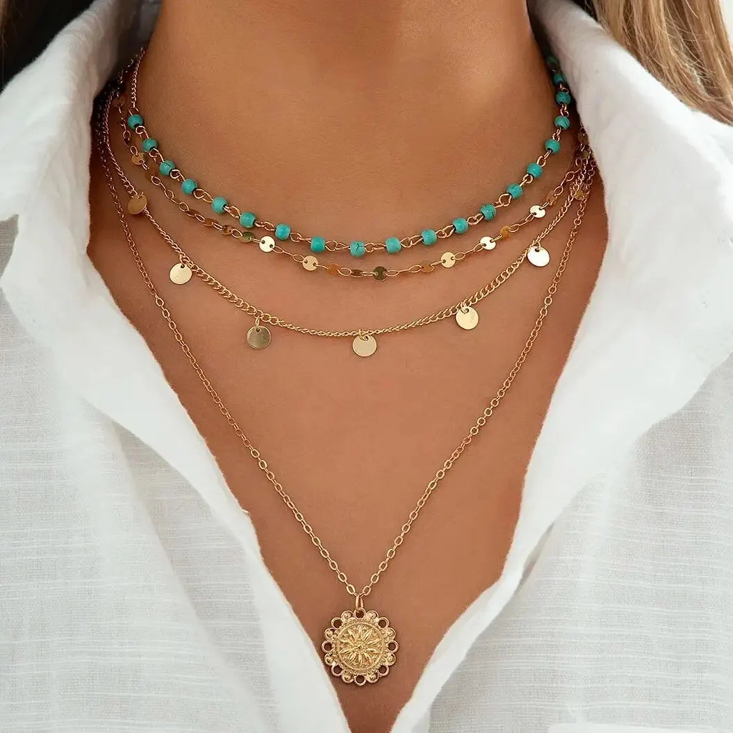 model wearing Boho Pendant Necklace Set with bohemian outfit | Oria Jewel