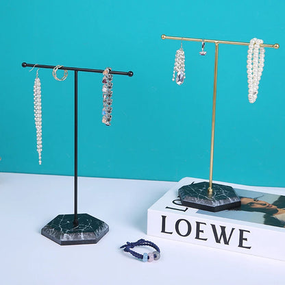 Earring Necklace Ring Bracelet Jewelry Holder Marble Pattern T-shaped Jewelry Display Organizer Holders Metal Storage Racks - Oria Jewel