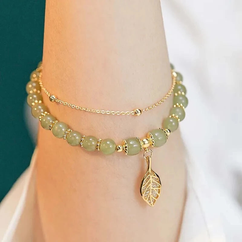 Green Jade Double Chain Bracelet - Oria Jewel