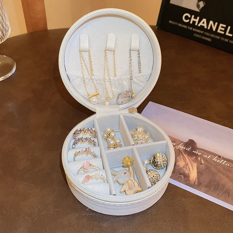 Portable Round Jewelry Box Necklaces Earrings Rings Jewelry Organizer Display Travel Jewelry Case Boxes Pu Leather Storage Box - Oria Jewel