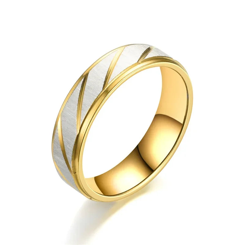 Fashion Gold Stripes Couple Rings 6mm 4mm Stainless Steel Contrast Color Jewelry Valentine&