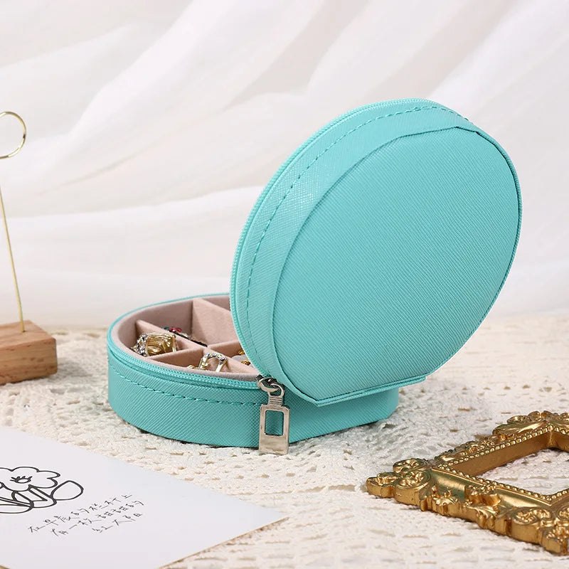 Portable Round Jewelry Box Necklaces Earrings Rings Jewelry Organizer Display Travel Jewelry Case Boxes Pu Leather Storage Box - Oria Jewel