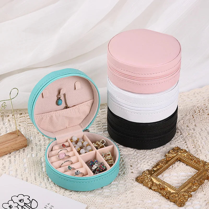 Portable Round Jewelry Box Necklaces Earrings Rings Jewelry Organizer Display Travel Jewelry Case Boxes Pu Leather Storage Box - Oria Jewel