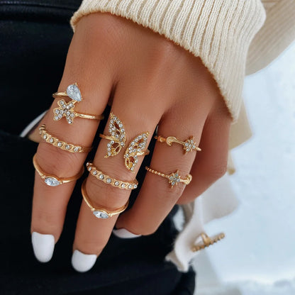 Bohemian Butterfly Pearl Rings Set for Women Shine Pearl Gothic Vintage Plated Retro Rhinestone Simple Finger Jewelry Gift - Oria Jewel