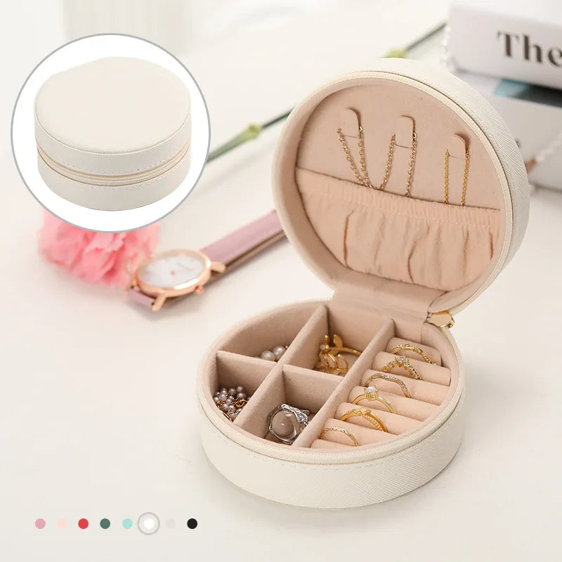 Portable Round Jewelry Box Necklaces Earrings Rings Jewelry Organizer Display Travel Jewelry Case Boxes Pu Leather Storage Box - Oria Jewel