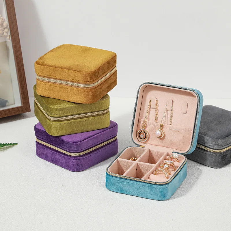 Velvet Jewelry Box For Women Necklace Ring Earrings Organizer Holder Travel Portable Zipper Square Jewelry Storage Case - Oria Jewel