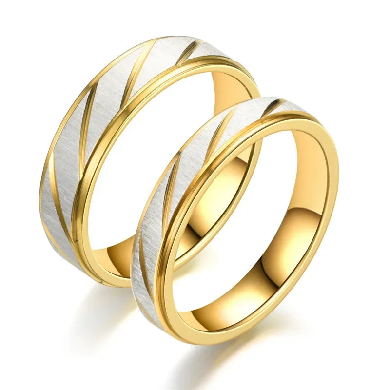 Fashion Gold Stripes Couple Rings 6mm 4mm Stainless Steel Contrast Color Jewelry Valentine&