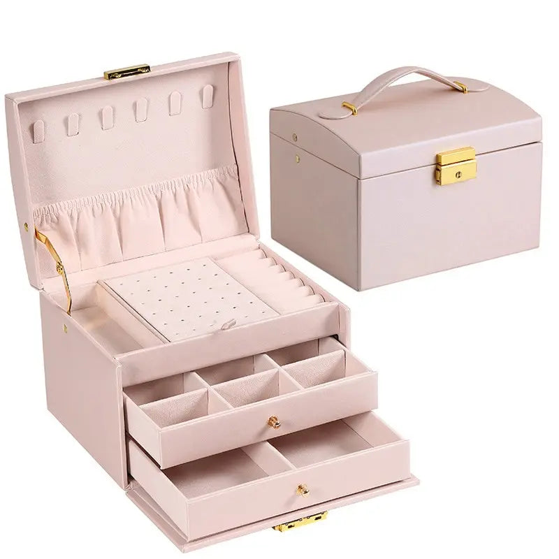 1pcs Multi Functional Three Layer Leather Drawer Style Jewelry Box Earrings Earrings Lock Jewelry Box - Oria Jewel