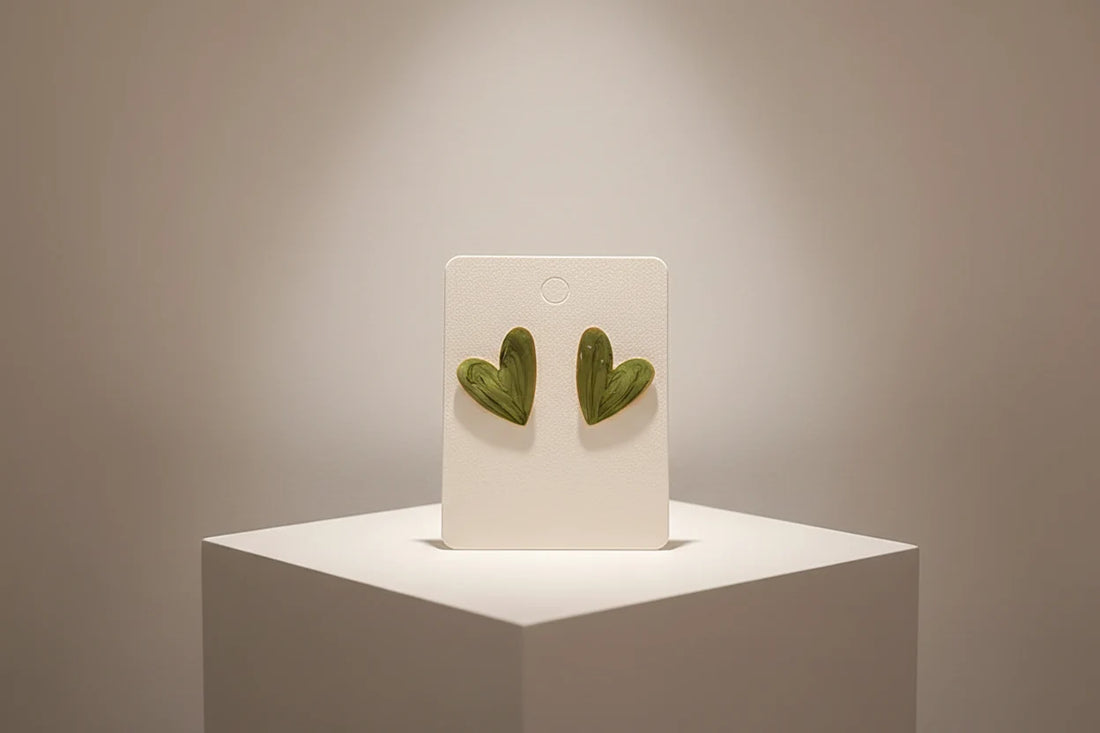 Sage Green Marble Heart Stud Earrings on display card on pedestal | OriaJewel