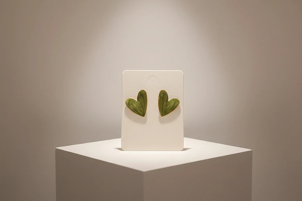 Sage Green Marble Heart Stud Earrings on display card on pedestal | OriaJewel