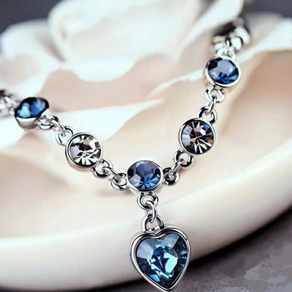 Women Silver Color Lucky Bracelet Female Blue Crystal Heart Charm Pulseras Bracelet Bridal Wedding Engagement Fine Jewelry Gift - Oria Jewel