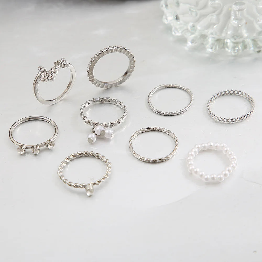 Bohemian Butterfly Pearl Rings Set for Women Shine Pearl Gothic Vintage Plated Retro Rhinestone Simple Finger Jewelry Gift - Oria Jewel