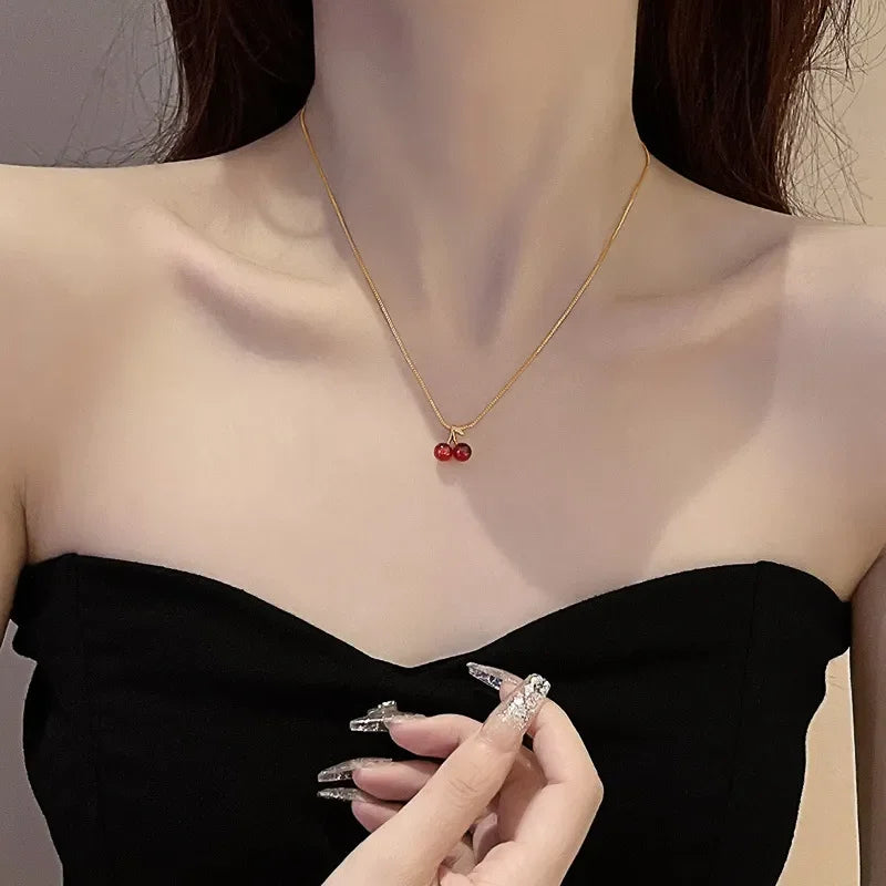 Little Wine Red Cherry Pendant Necklaces For Women Fashion Personality Fruit Golden Chain Necklace Party Jewelry Birthday Gifts - Oria Jewel