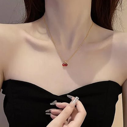Little Wine Red Cherry Pendant Necklaces For Women Fashion Personality Fruit Golden Chain Necklace Party Jewelry Birthday Gifts - Oria Jewel