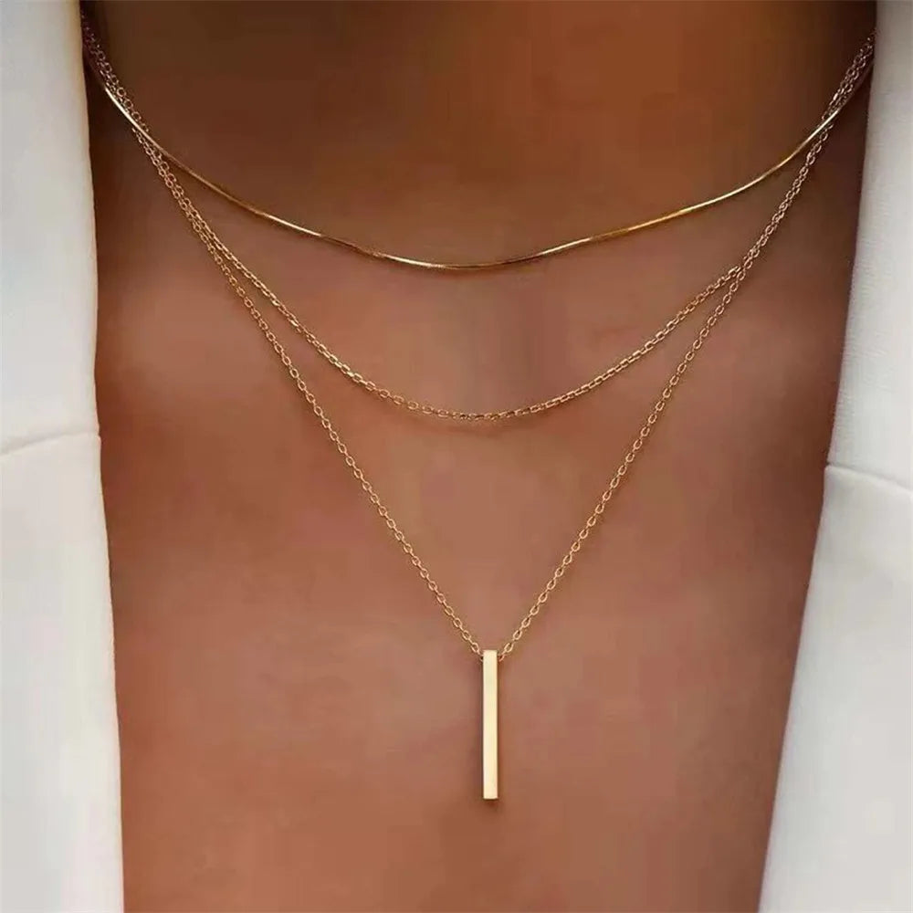 Vintage Layered Metal Bar Pendant Necklace for Women Daily Wear Gold Color Reactangle Clavicle Chain Collarbone Necklace Jewelry - Oria Jewel