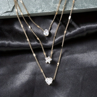 Multi-layer Five-pointed Star Heart Shape Water Drop Pendant Chain Necklace Alloy Material Glass Collarbone Chain Sexy Women&