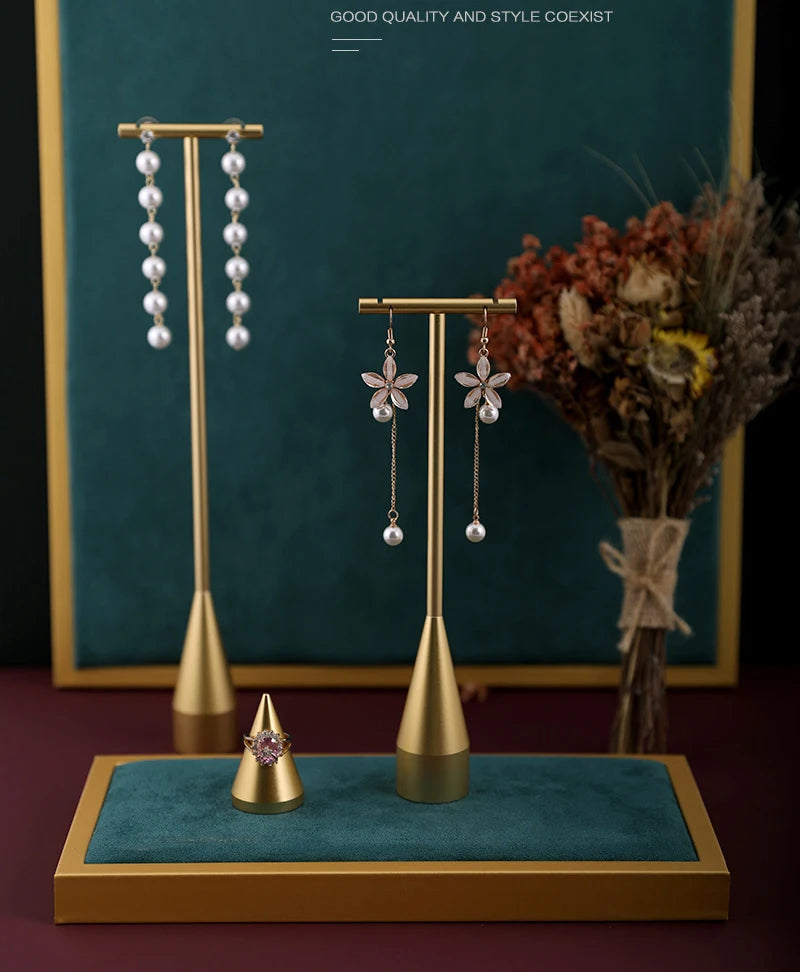 Gold Metal Hand Ring Holder Finger Jewelry Tower Earring T Bar Shelf Hanging Display Stand Ear Studs Storage Organizer Hole Rack - Oria Jewel
