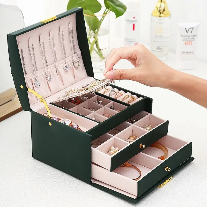 1pcs Multi Functional Three Layer Leather Drawer Style Jewelry Box Earrings Earrings Lock Jewelry Box - Oria Jewel