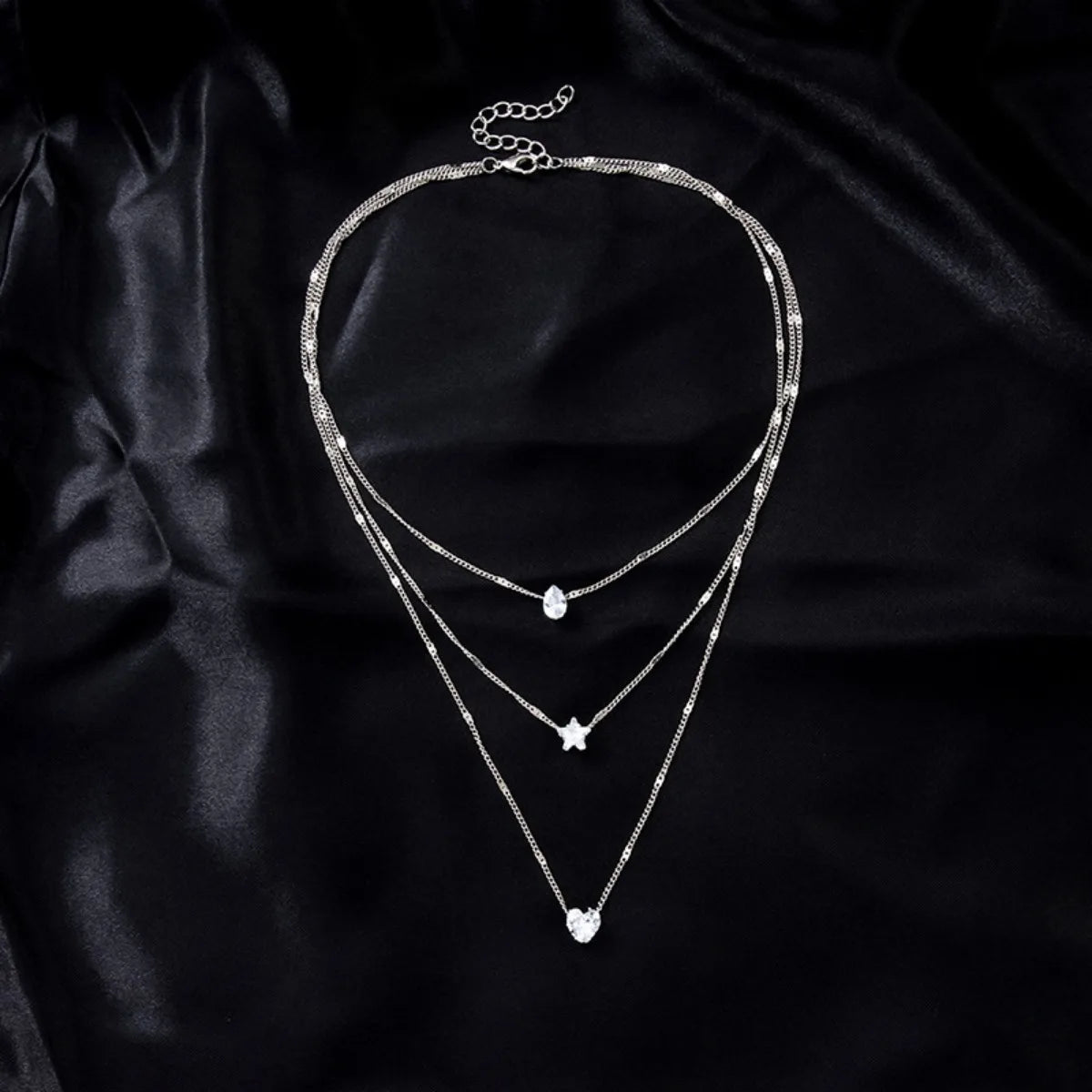 Multi-layer Five-pointed Star Heart Shape Water Drop Pendant Chain Necklace Alloy Material Glass Collarbone Chain Sexy Women&