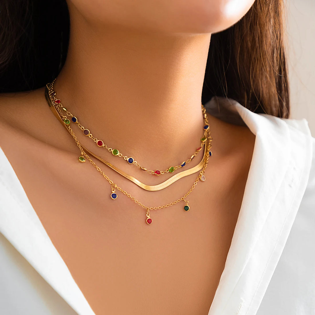 gold multilayer choker necklace styled on model for everyday chic look | Oria Jewel