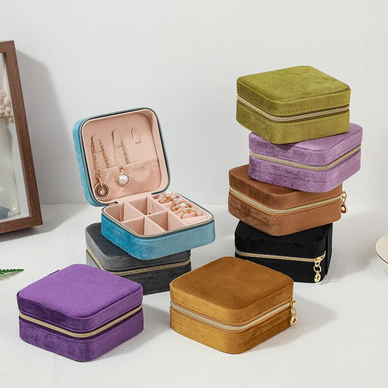 Velvet Jewelry Box For Women Necklace Ring Earrings Organizer Holder Travel Portable Zipper Square Jewelry Storage Case - Oria Jewel