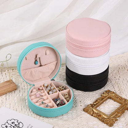 Portable Round Jewelry Box Necklaces Earrings Rings Jewelry Organizer Display Travel Jewelry Case Boxes Pu Leather Storage Box - Oria Jewel
