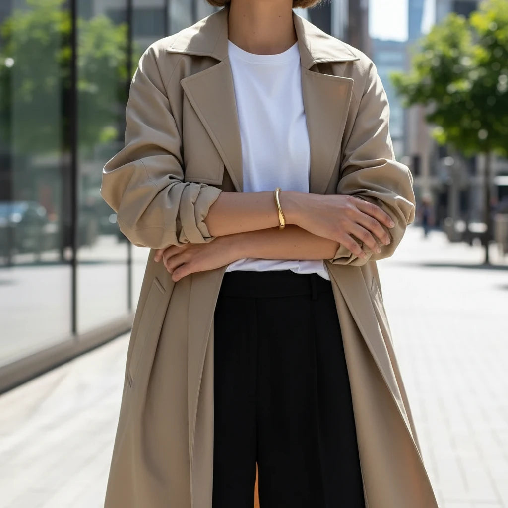 Street-style shot of a woman in a beige trench coat and black trousers, arms folded to showcase the polished Sculpted Curve Gold Bangle catching natural city light | Oria Jewel