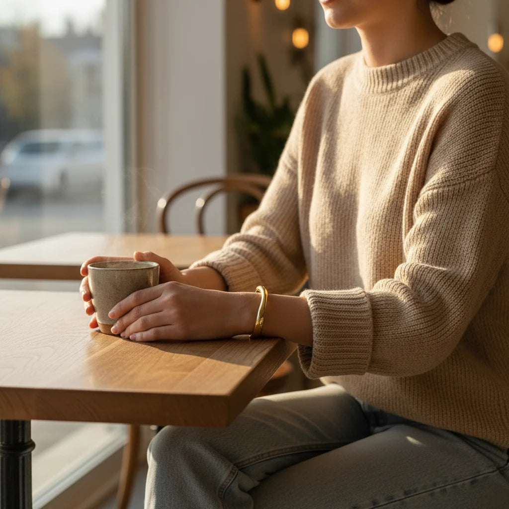 Cozy café scene with a woman in a warm knit sweater and jeans holding a mug, the Sculpted Curve Gold Bangle adding a minimalist golden glow to her relaxed outfit | Oria Jewel