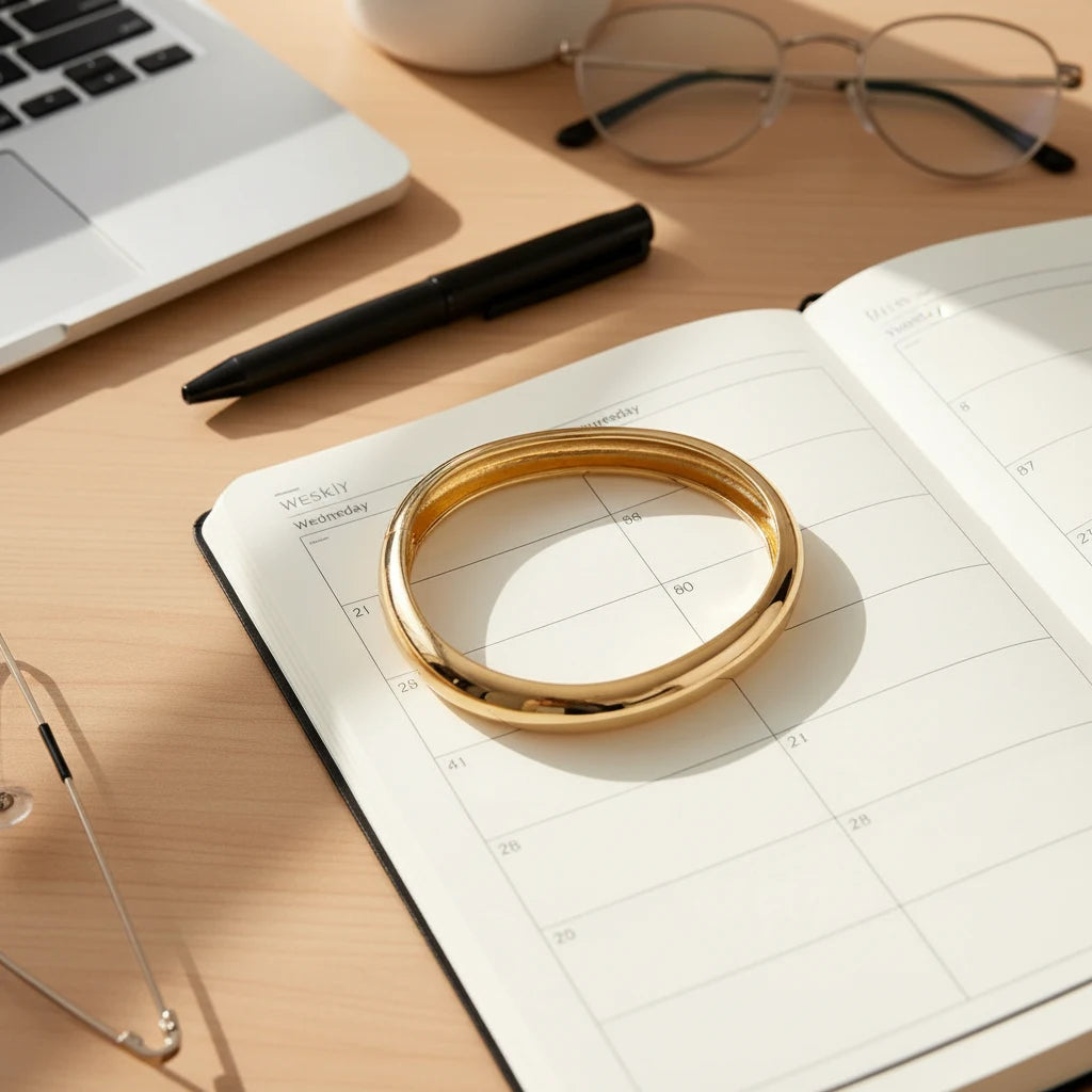 Flat-lay composition of an open planner on a wooden desk beside glasses and a pen, with the Sculpted Curve Gold Bangle resting on the pages to suggest chic everyday workwear styling | Oria Jewel