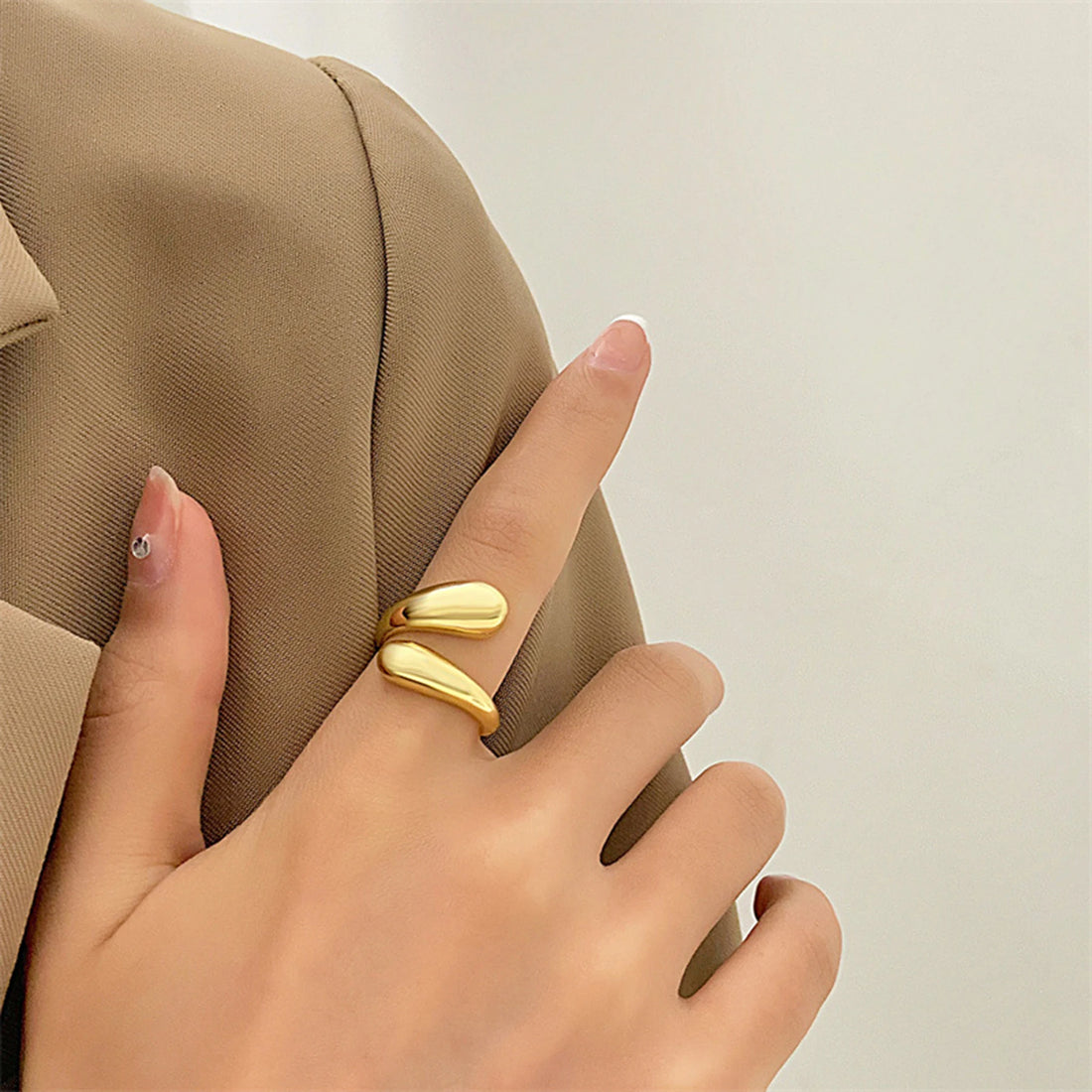 18K Gold Color Stainless Steel Smooth Double Beads Ring For Women Trendy Geometric Wedding Couple Metal Open Rings Jeweliry Gift - Oria Jewel