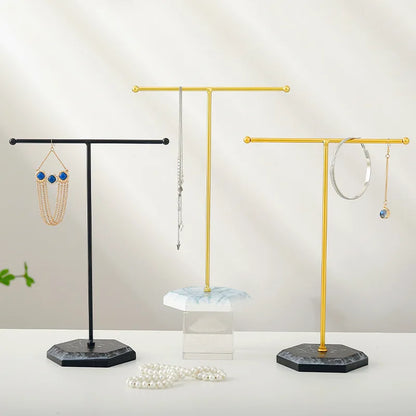 Earring Necklace Ring Bracelet Jewelry Holder Marble Pattern T-shaped Jewelry Display Organizer Holders Metal Storage Racks - Oria Jewel