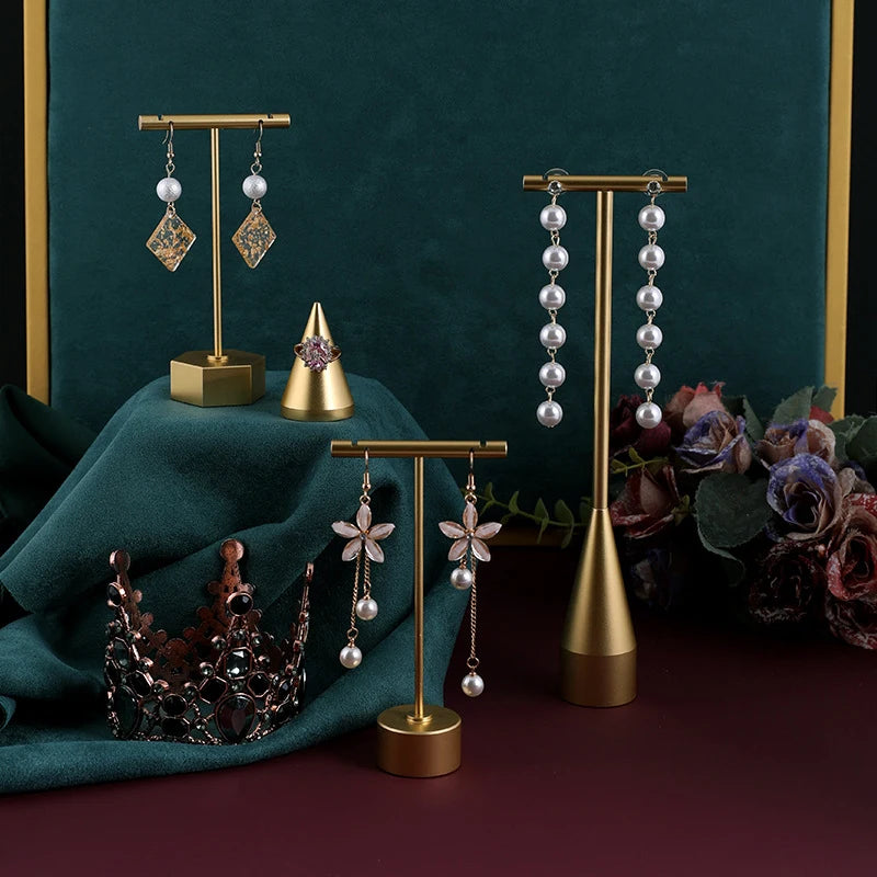 Gold Metal Hand Ring Holder Finger Jewelry Tower Earring T Bar Shelf Hanging Display Stand Ear Studs Storage Organizer Hole Rack - Oria Jewel