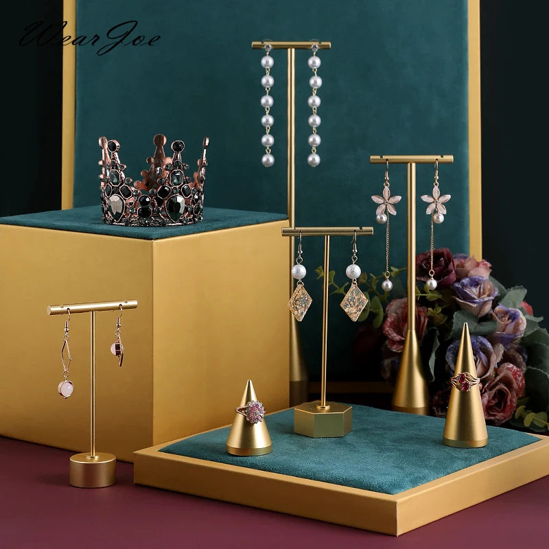 Gold Metal Hand Ring Holder Finger Jewelry Tower Earring T Bar Shelf Hanging Display Stand Ear Studs Storage Organizer Hole Rack - Oria Jewel