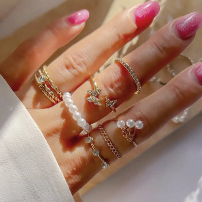 Bohemian Butterfly Pearl Rings Set for Women Shine Pearl Gothic Vintage Plated Retro Rhinestone Simple Finger Jewelry Gift - Oria Jewel
