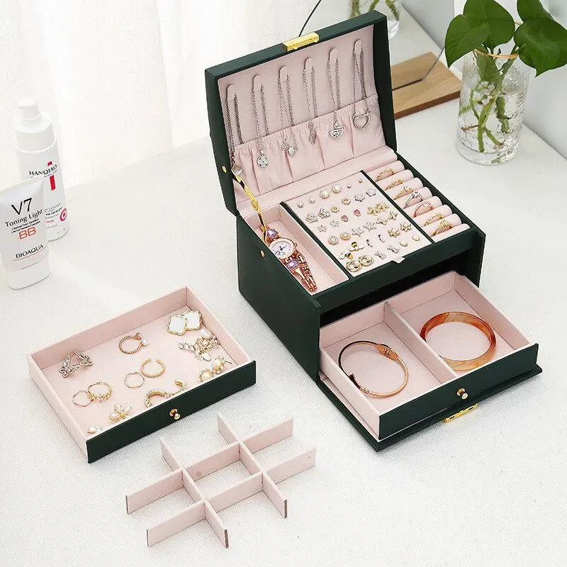 1pcs Multi Functional Three Layer Leather Drawer Style Jewelry Box Earrings Earrings Lock Jewelry Box - Oria Jewel