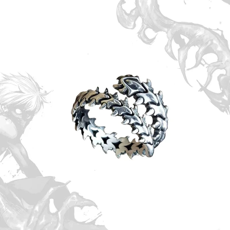 Detailed silver Fierce Vertebrae Open Band Ring, spiky texture, bright lighting | Oria Jewel