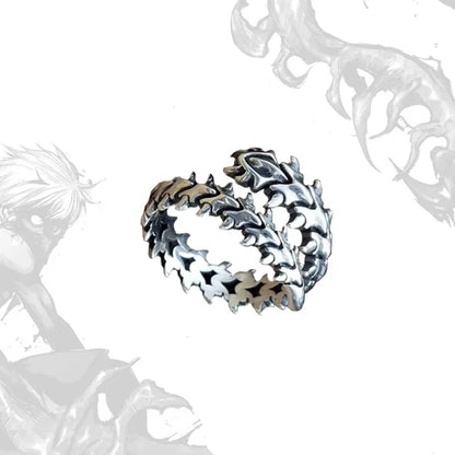 Detailed silver Fierce Vertebrae Open Band Ring, spiky texture, bright lighting | Oria Jewel
