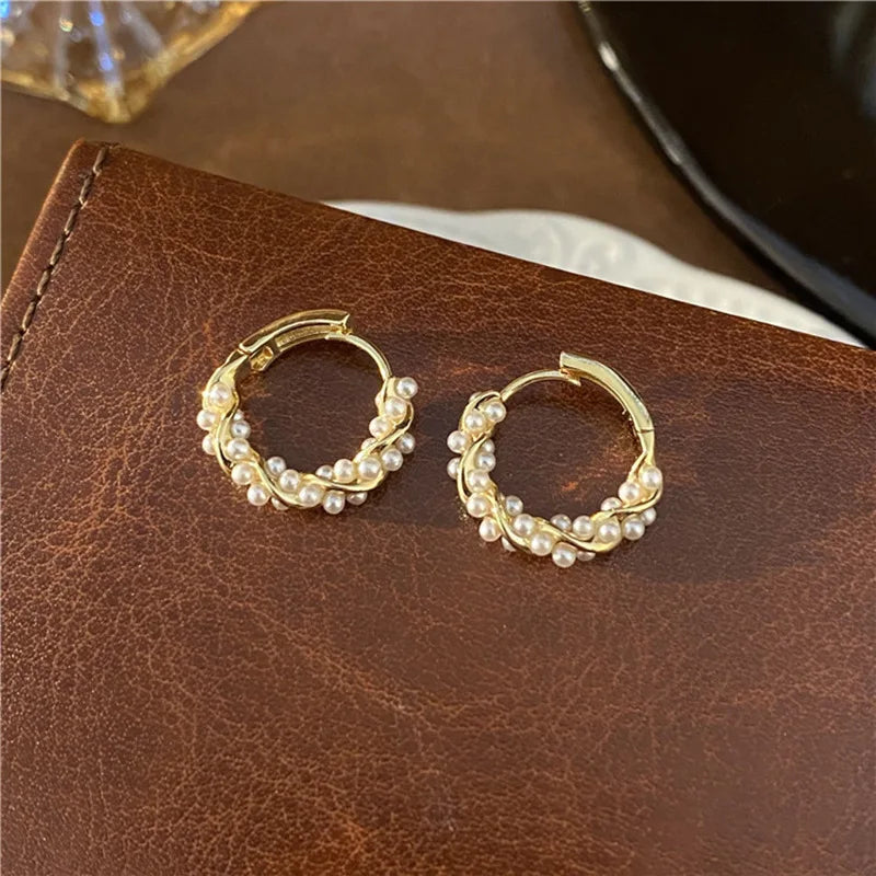 French Imitation Pearl Circel Earring Small Round Hoop Earrings For Women New Design Texture Earrings Jewelry Elegant Gift - Oria Jewel