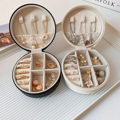 Portable Round Jewelry Box Necklaces Earrings Rings Jewelry Organizer Display Travel Jewelry Case Boxes Pu Leather Storage Box - Oria Jewel