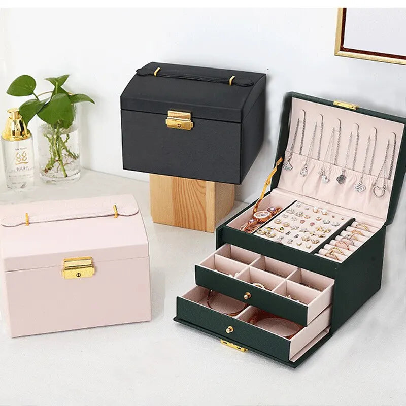 1pcs Multi Functional Three Layer Leather Drawer Style Jewelry Box Earrings Earrings Lock Jewelry Box - Oria Jewel