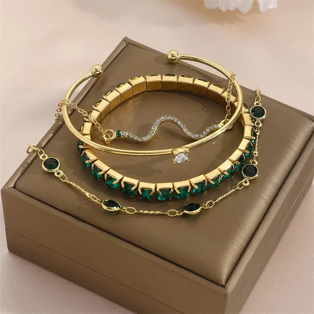 Snake Green Gemstone Bangle Bracelet Set for Women - Oria Jewel